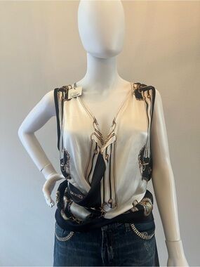 New Draped V-Neck Chain-Print Camisole in Cream and Black